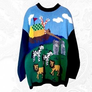 Vintage Karen Scott Hand Knits Noah's Animals Departing Arc SweaterSize large